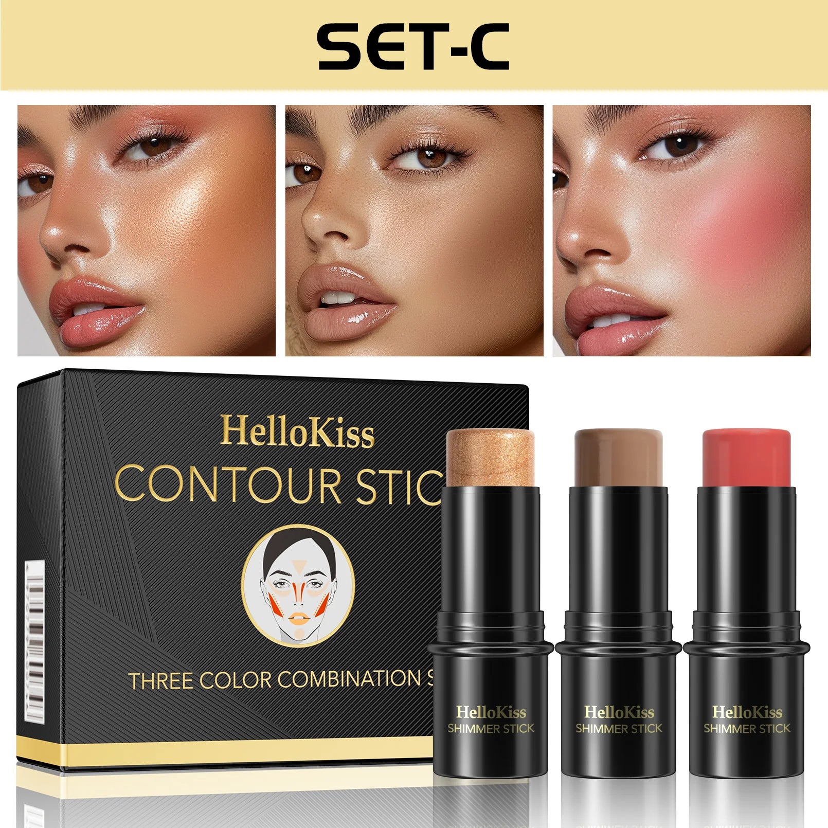 4pcs Contour Stick, Highlighter Stick, Blush Stick 4pcs Cream Contour Kit with Contour Brush, Create Face Contour, Non-greasy Qme 9504C