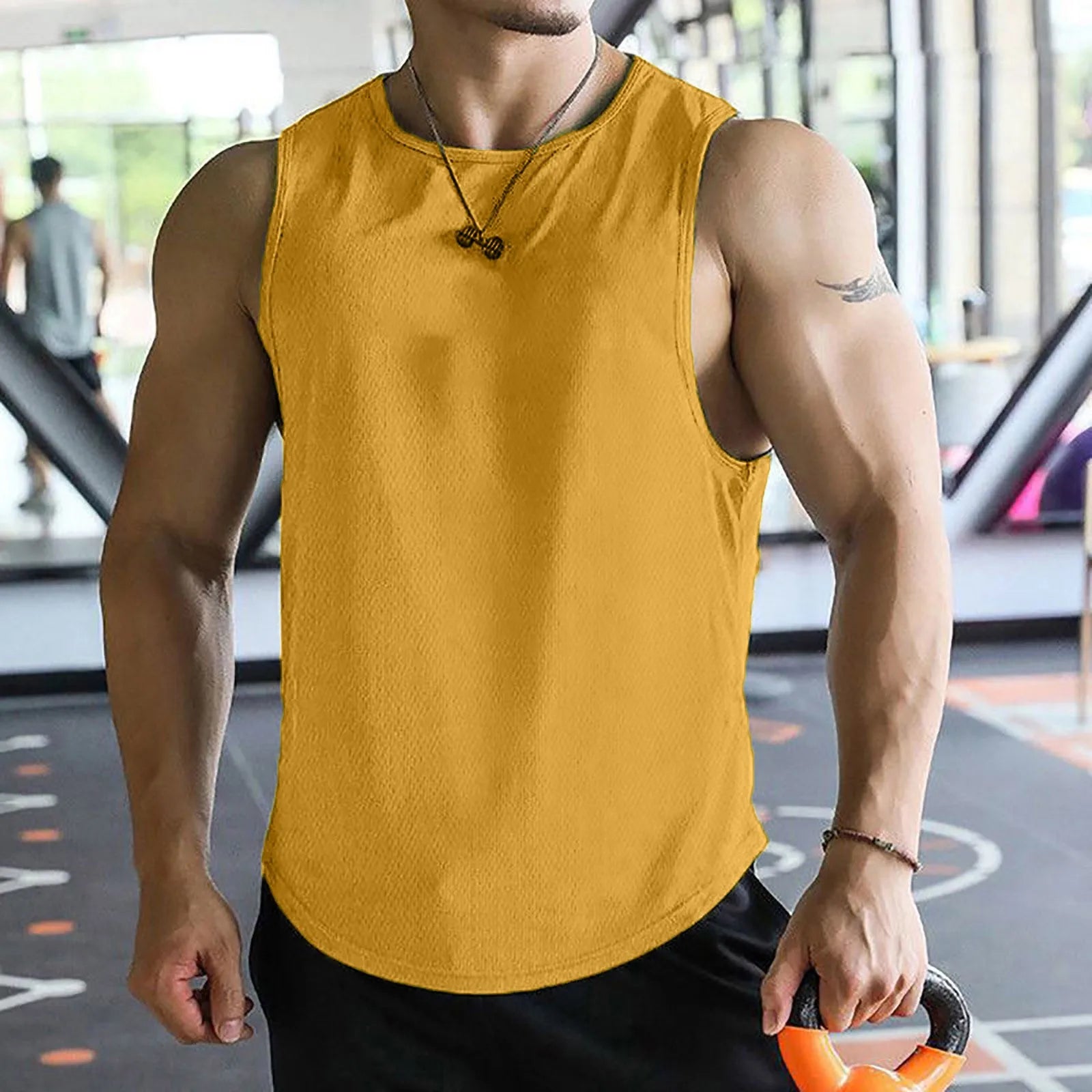 2026 Men’s Summer Solid Color Tight Vest Lightweight Breathable Quick-Dry Gym Muscle Fitness Bodybuilding Sleeveless T-Shirt Qme Yellow L