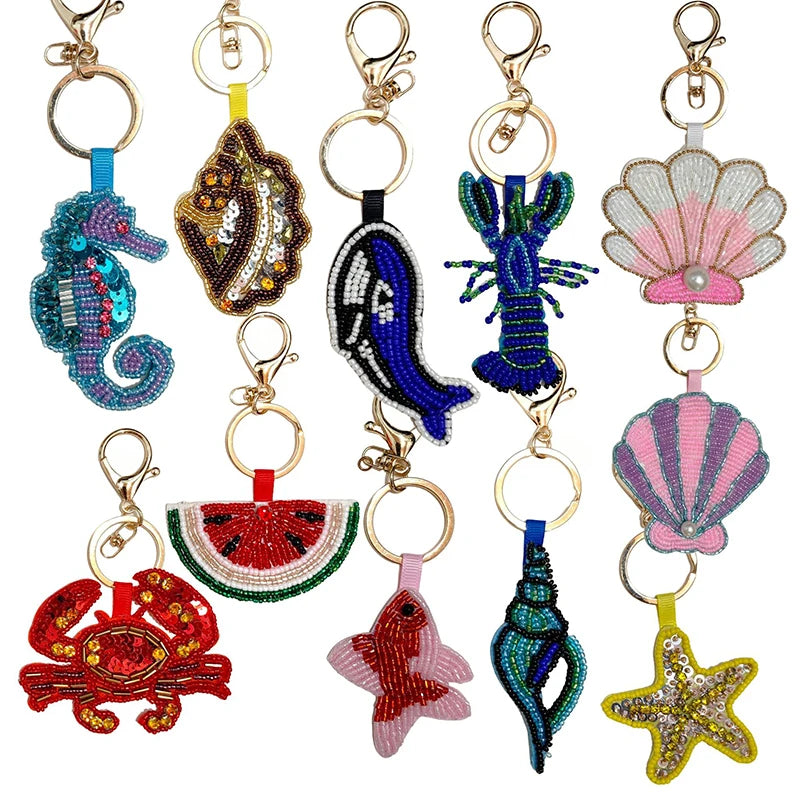 Bag charm decor with Beaded Sequin Rhinestone Crab, Starfish, Shell, and Conch Keychain Qme