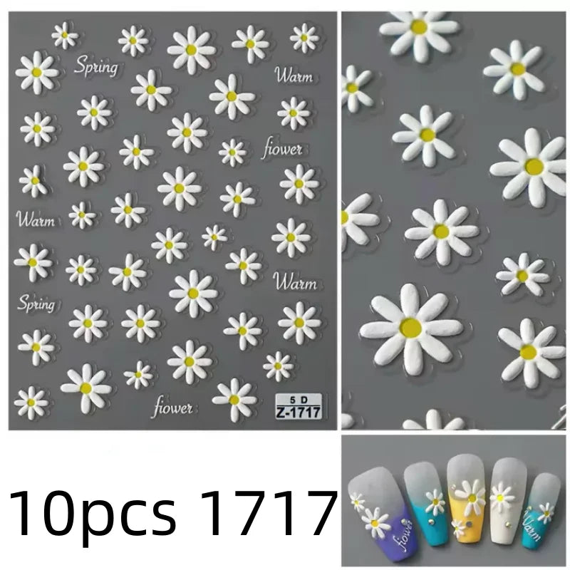 5D Flower Daisy Embossed Stickers Nail Sliders Decals White Florals