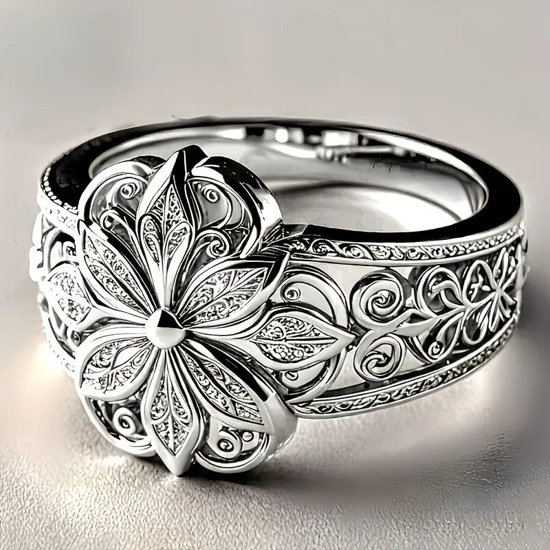 Vintage Flower Filigree Ring Silver Color Hollow Out Floral Statement Rings for Women Antique Carved Cocktail Party Jewelry Gift Qme