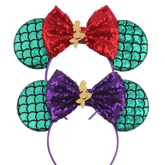 Mermaid Mickey Mouse Ear Headbands with Bow Sequin Candy Headbands Cosplay Costume party Christmas Halloween for Girl Women Qme Headband 13
