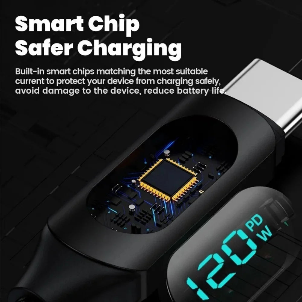 PD 120W Fast Charging Data Cable LED Digital Display USB C Nylon Braided Mobile Phone Charger Cord For iPhone 17 Samsung Xiaomi Qme