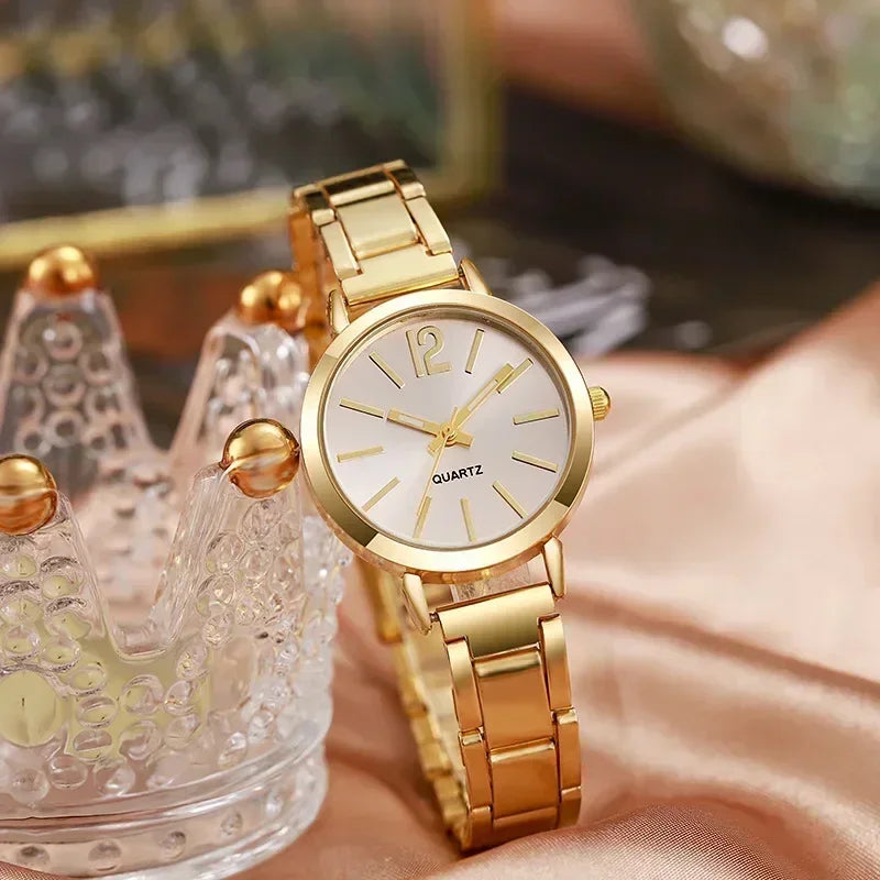 Relógio de pulso de quartzo redondo simples para mulheres, moda inoxidável, pulseira de ouro, relógios femininos, luxo, Qme