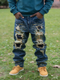 Plus-size Dark Street Style Ripped Jeans, Gradient Wash, Men's Extra Loose Trendy Pants Qme Blue XL
