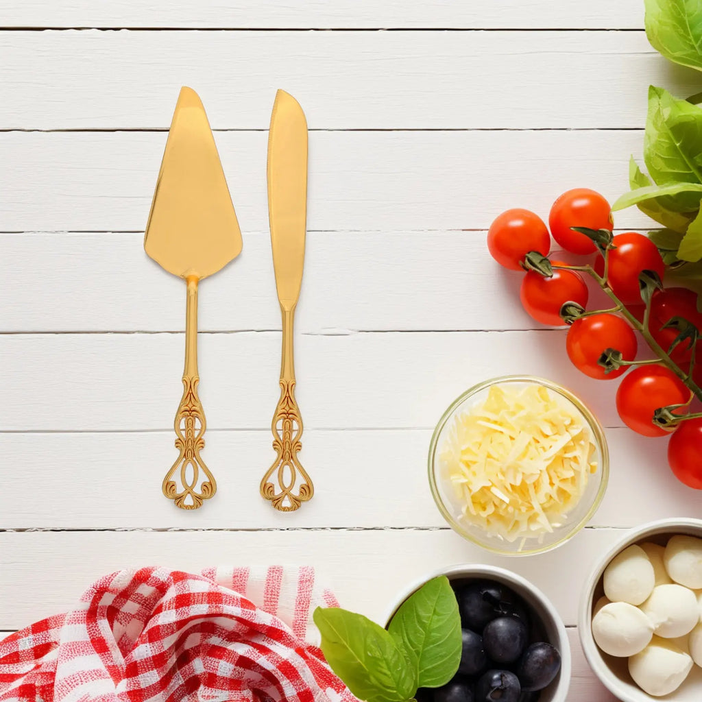 2Pcs Gold Tone Stainless Steel Cake Knife and Spatula Set Elegant European Design Wedding Cake Cutting Server Baking Serving Qme