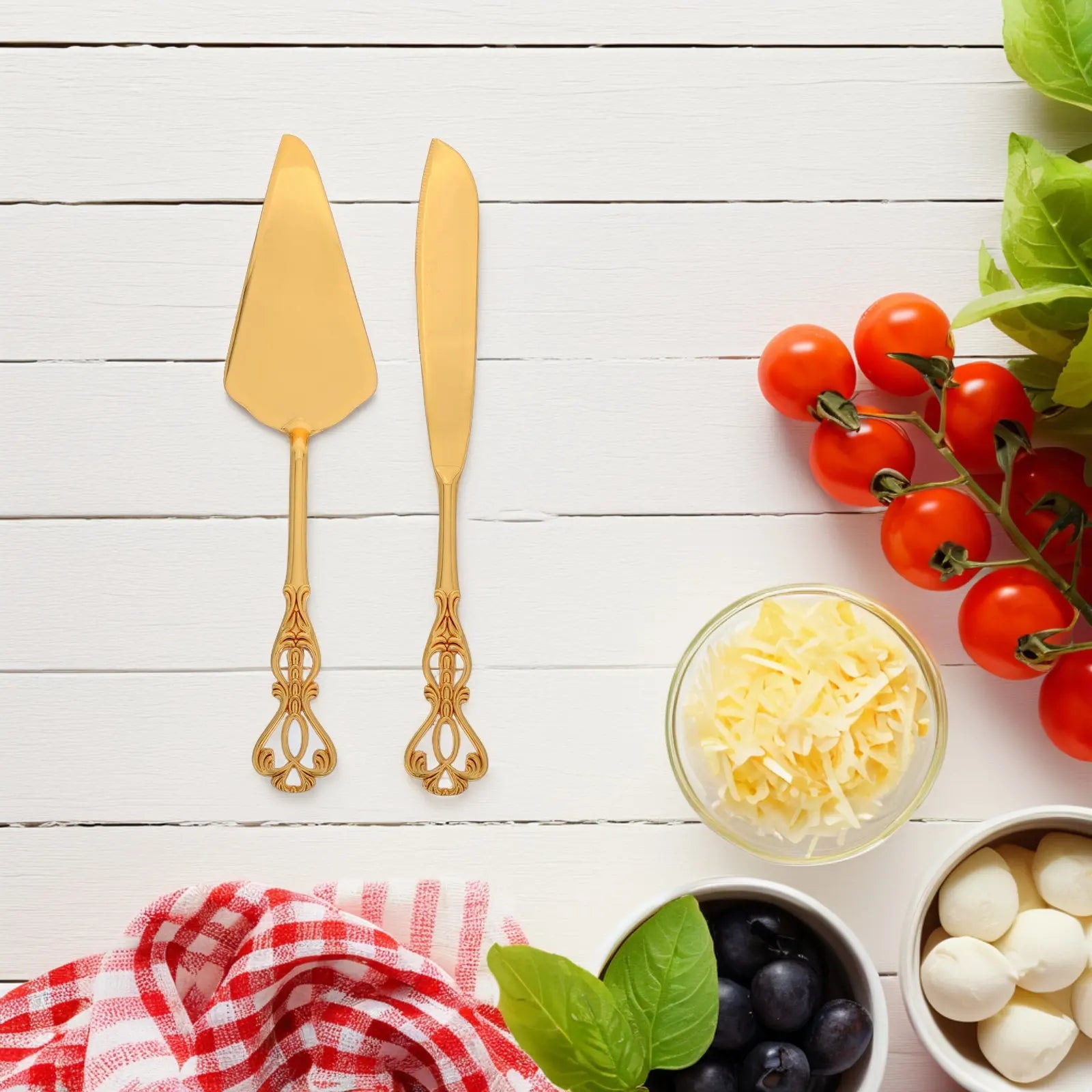 2Pcs Gold Tone Stainless Steel Cake Knife and Spatula Set Elegant European Design Wedding Cake Cutting Server Baking Serving Qme