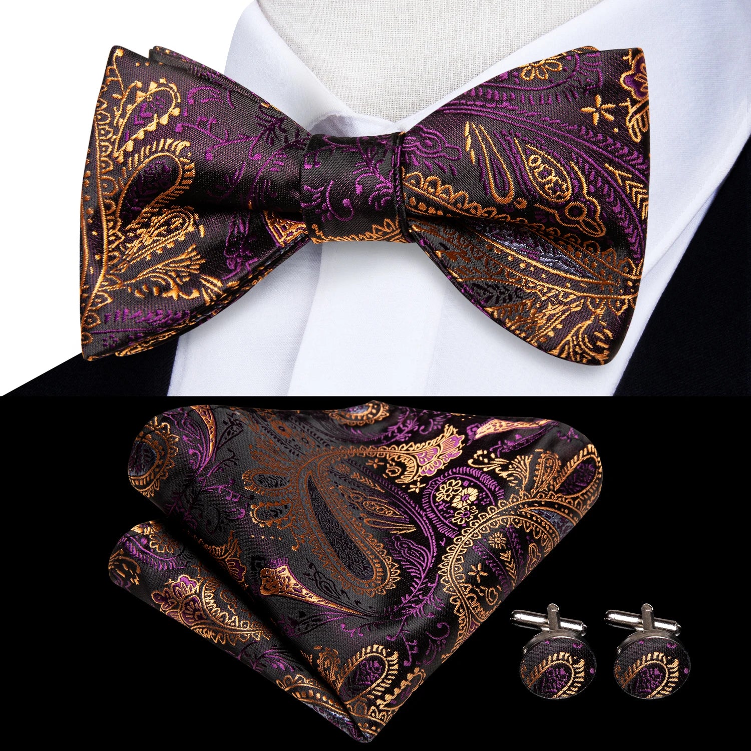 Hi-tie Silk Mens Self Bow Tie Hanky Cufflinks Blue Red Gold Black Qme LH-2048