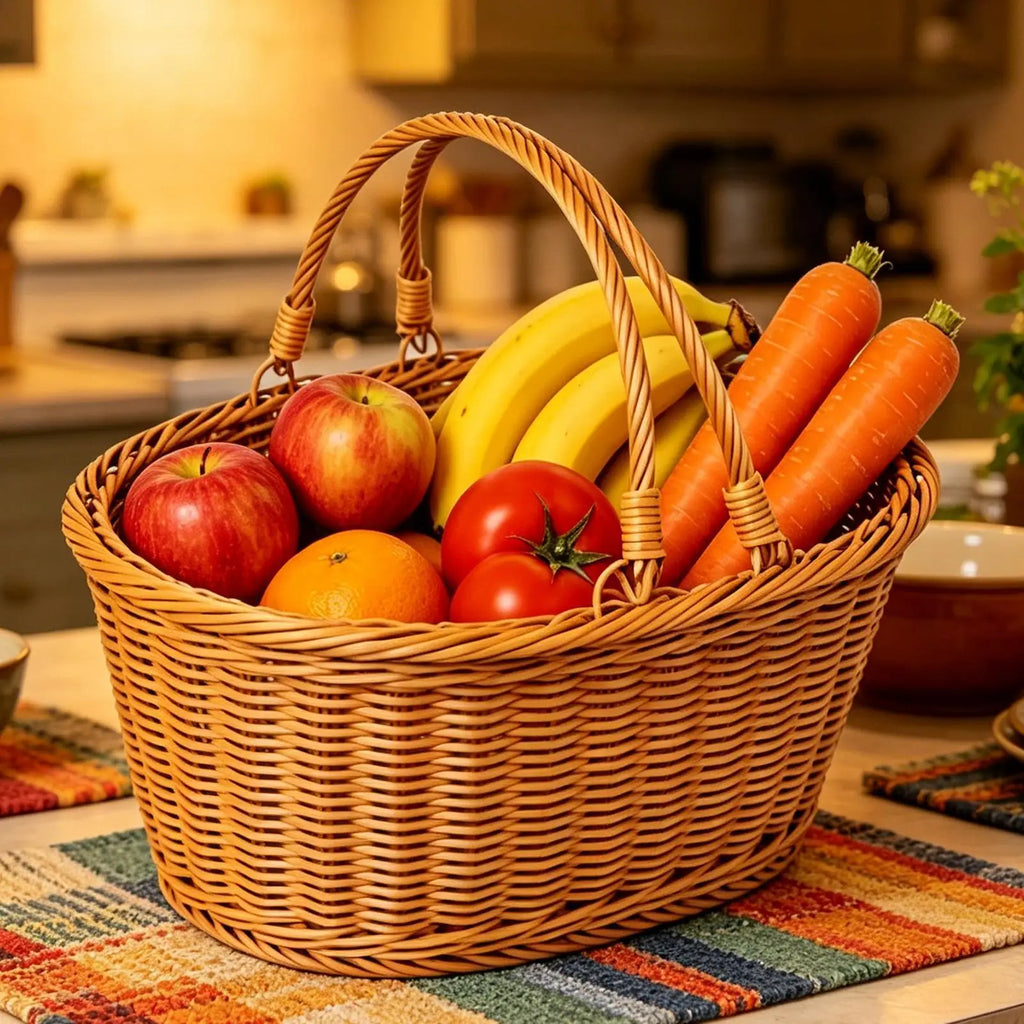 Picnic Grocery Basket Woven Harvesting Storage Hamper Fruit Handle Qme
