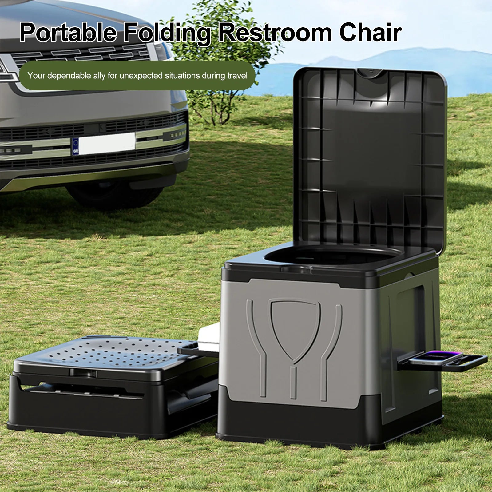 Folding Collapsible Toilet with Paper Holder & Lid Portable Potty Reusable for Adults Travel Outdoor Hiking Trips Beach Qme