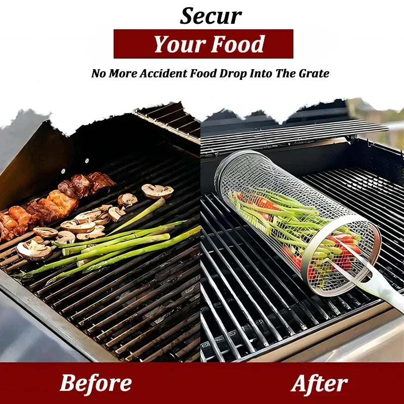 Stainless Steel Cylinder Rolling Grilling Basket Portable Round BBQ Rack Wire Mesh Barbecue Grate for Outdoor Camping Picnic Qme