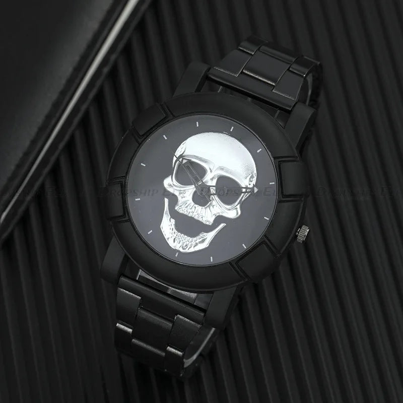 Men's Quartz Watch, Black and Gold Dial, 3D Skull Head Pattern, Stainless Steel, Steampunk Rock Engraved, Men's Watch Qme