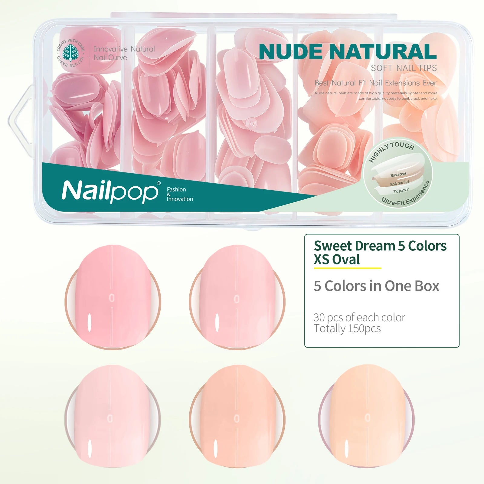 Nailpop 140 1 Nude Pink Nail Tips Per Square Almond Coffin Oval Soft Qme 150PINK XS Oval