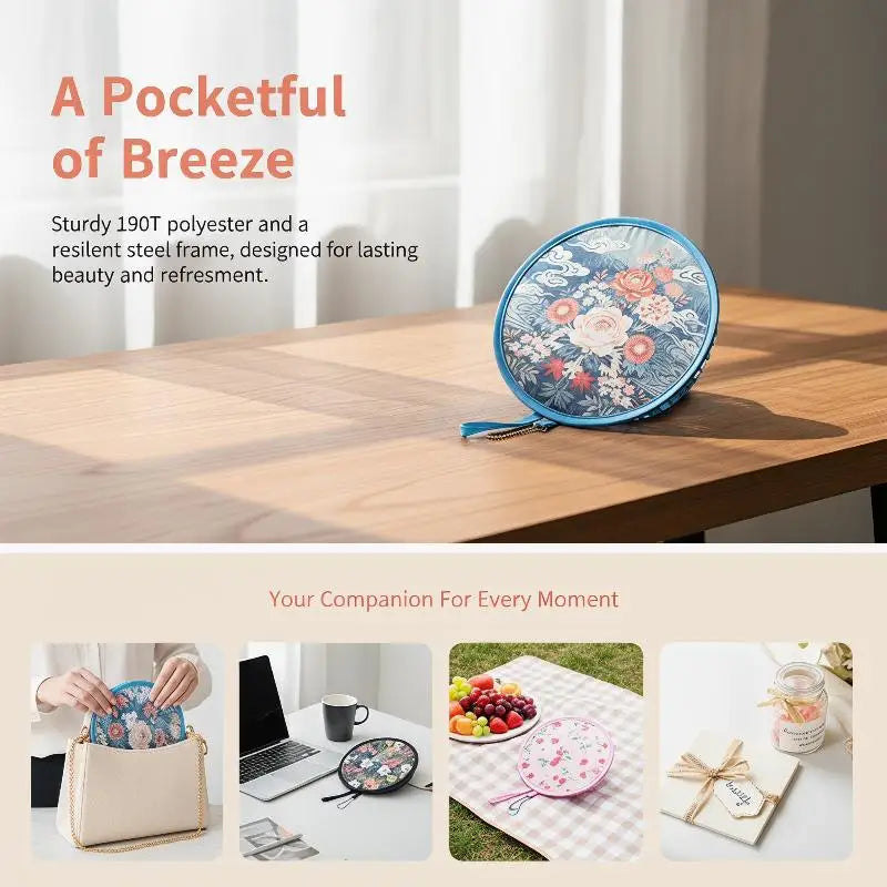Mini Japanese Folding Fan Flower Pattern Pocket Collapsible Round Qme