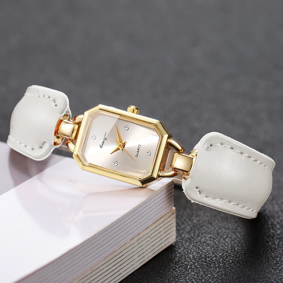 Ladies Slim Rectangle Dial Quartz Watch Rhinestone Mark White Leather Band Casual Daily Women Wrist Watch Gift Qme