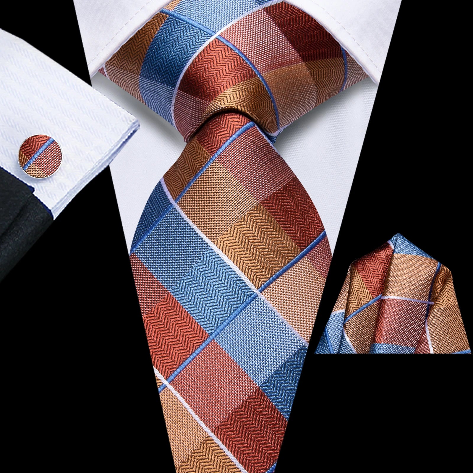 Orange Tie Men Necktie Pocket Square Cufflinks Formal Wedding Qme HT-LDSN2032