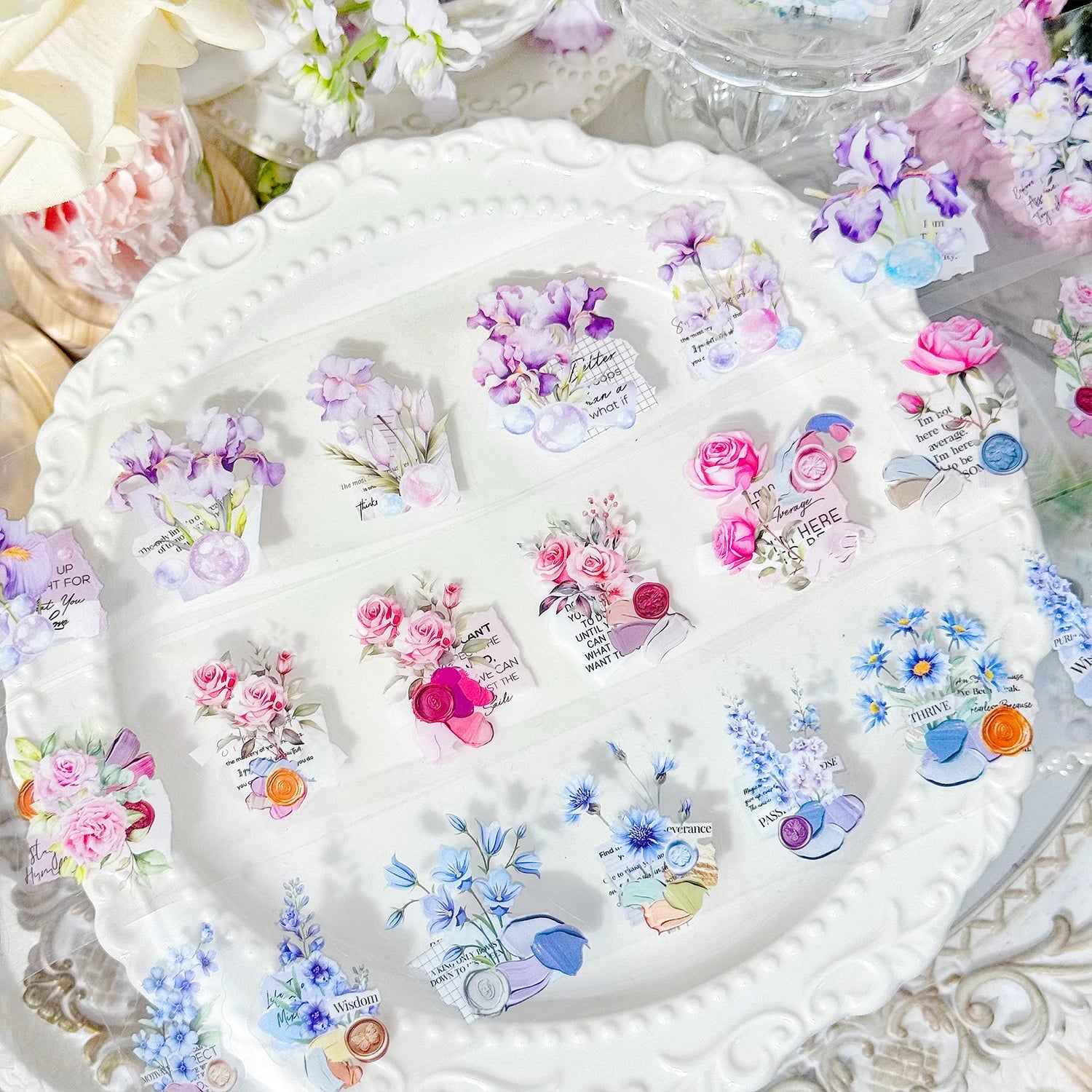 6 Rolls Laser Bright Flowers pattern PET Die cutting Tape Set Decorative Journal Scrapbooking Stickers Masking Tape Stationery Qme