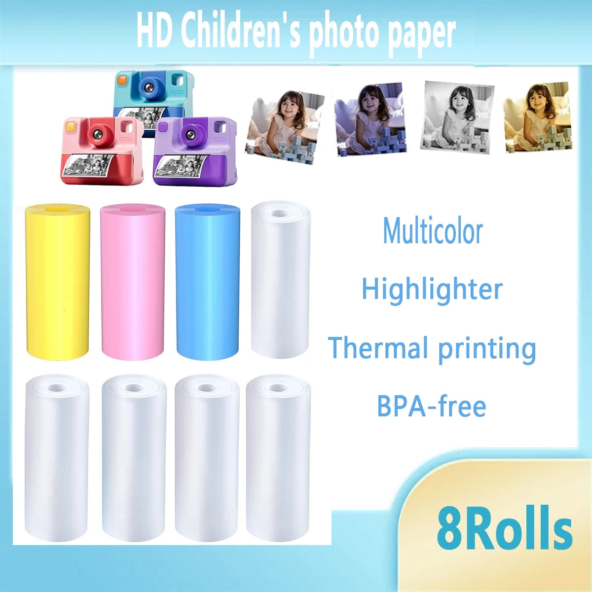 Kids Camera Paper Roll, Kids Instant Refill Paper, 4 Color Portable Thermal Printing Camera Photo Paper Rolls 57*25mm Qme M-W5Y3P1B1-57-25