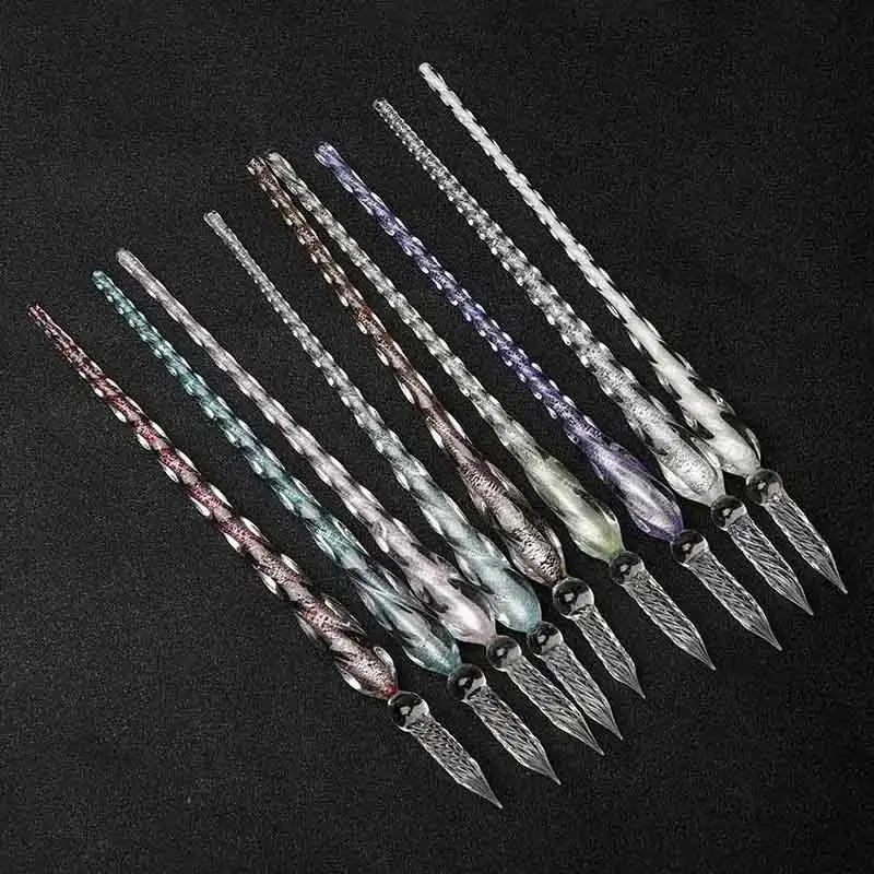 Crystal Glass Dipping Pen Box Colorful Gold Powder Ink Signature Qme
