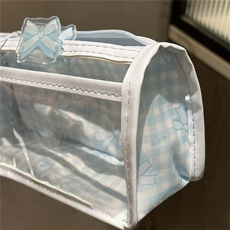 Pink Plaid Double-layer Transparent Pencil Case High-value Student Qme