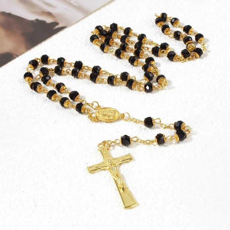 Retro Religion Belief Catholic Cross St. Benedict Black Gallstone Prayer Rosary Pendant Necklace Jewelry Gift Qme A1