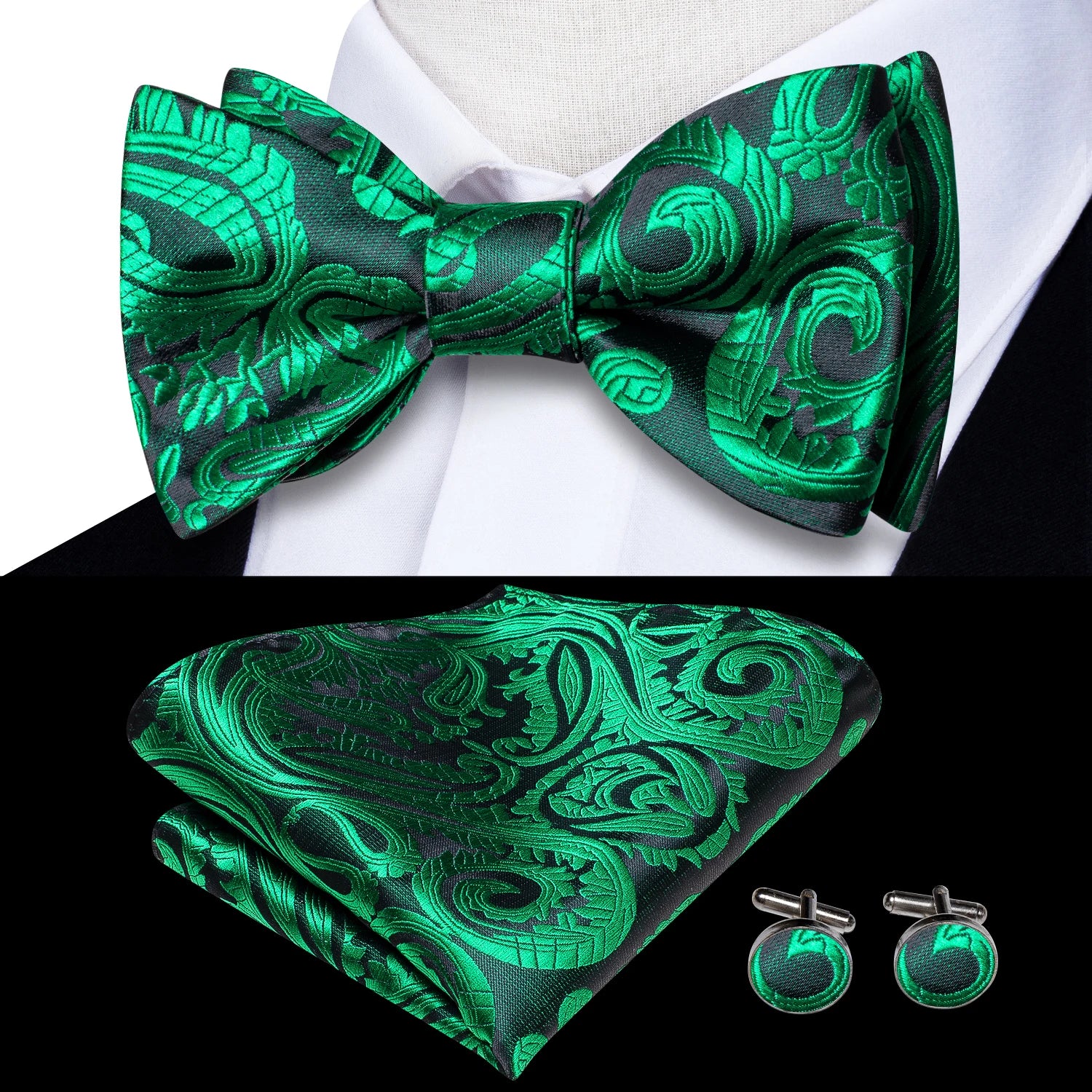 Hi-tie Silk Mens Self Bow Tie Hanky Cufflinks Blue Red Gold Black Qme LH-2109