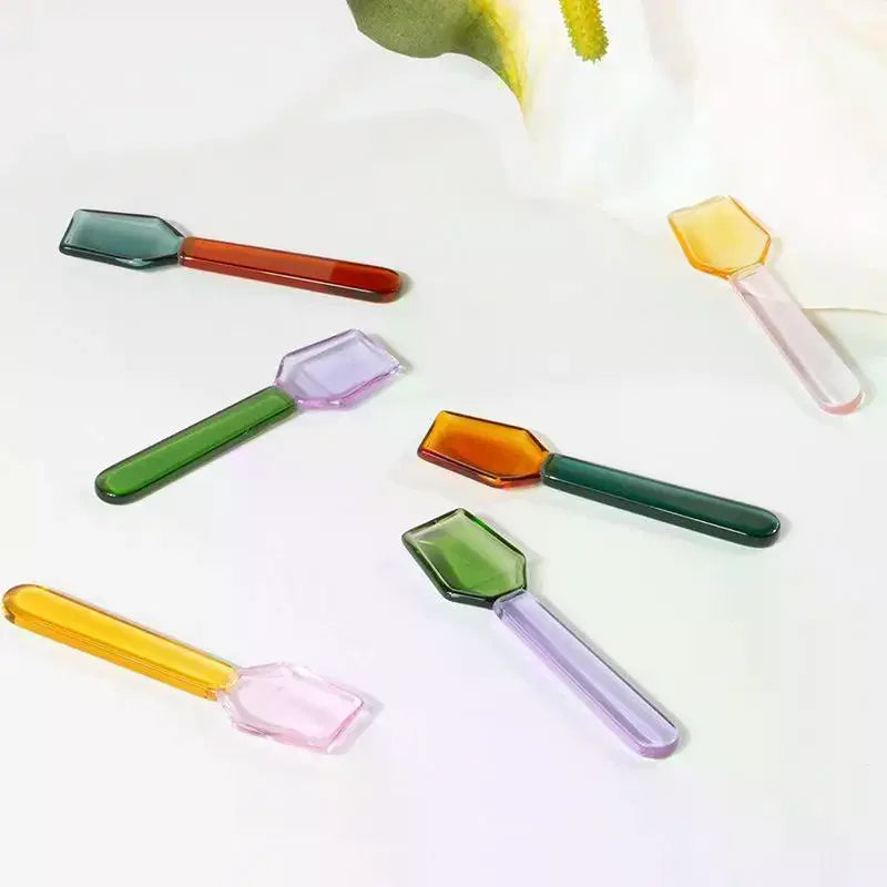 Cute Style Colorful Glass Dessert Spoon Heat Cold Resistance INS Style Ice Cream Spoon Short Handle Coffee Spoon Ice Cream Qme