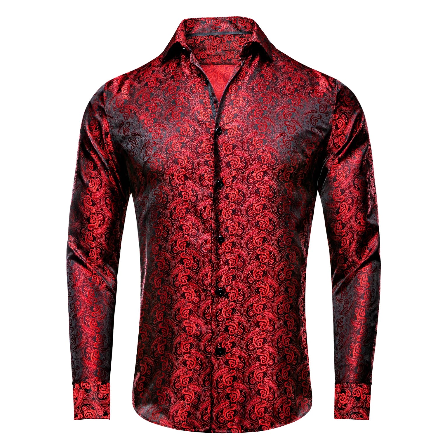 Hi-Tie Spring Autumn Mens Shirts Silk Red Black Paisley Suit Turndown Collar Shirt Casual Formal for Male Wedding Business Gifts Qme CY-1007 S