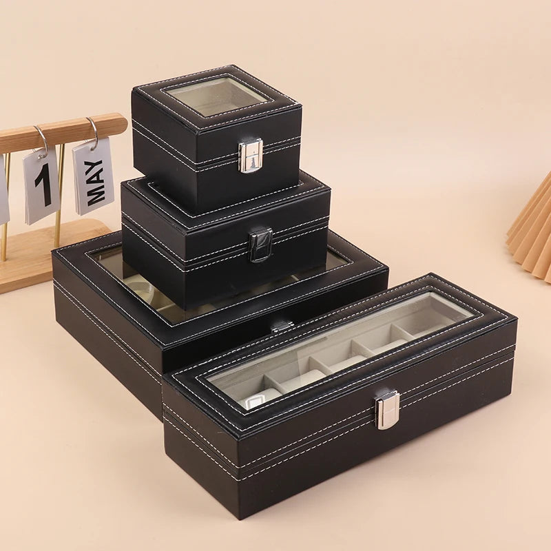 1Pc Black PU Leather Watch Box Display Case Organizer With Framed Glass Lid And Removable Pillow For Men And Women Qme