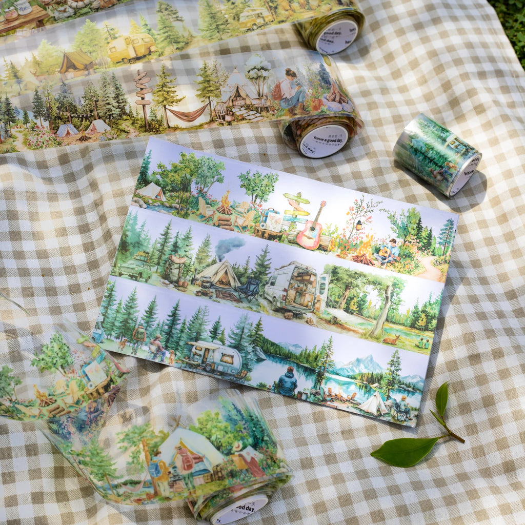 1 Roll Nature Camping Theme Scenic PET Tape for Scrapbooking DIY Collage Material Phone Case Notebook Decoration Qme