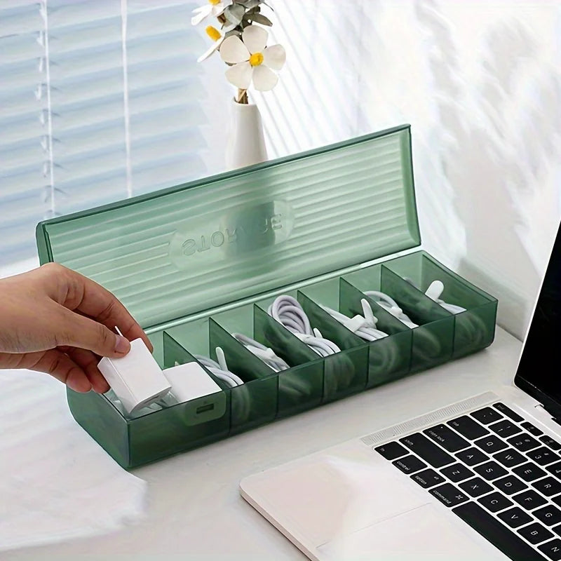 1pc Data Cable Storage Box Plastic Mobile Phone Charger Cable Storage Box Sorting Grid Winder Power Cord Organizer Qme