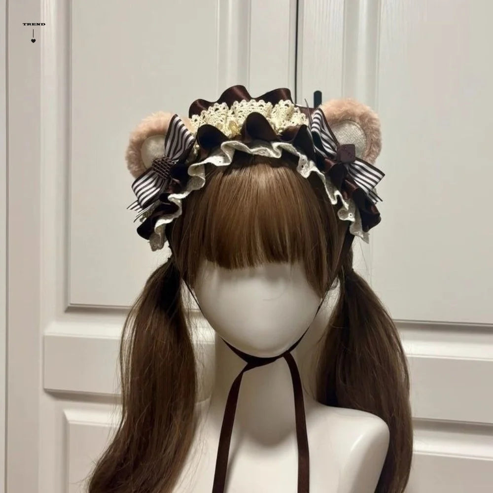 Adjustable Bear Ear Cookies Headband Sweet Lace-up Lolita Hair Hoop Qme