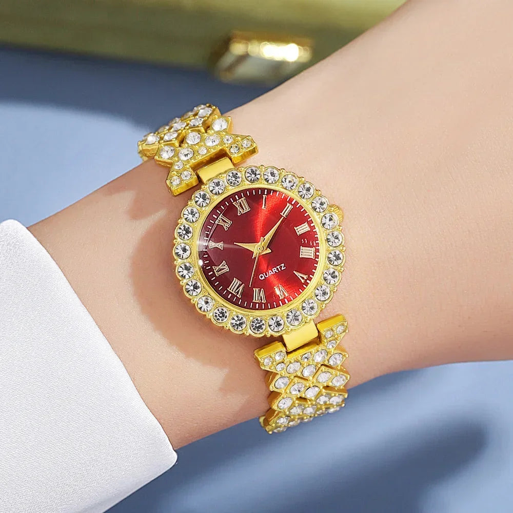 5Pcs Golden Luxury Watch Women Ring Necklace Earring Rhinestone Fashion Wristwatch Red Dial Casual Ladies Watches Jewelry Set Qme