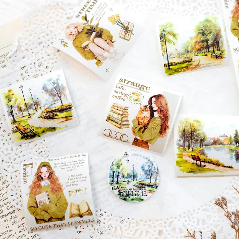 Watercolor Forest Style Girl & Park Landscape Washi Tape, Junk Journal Collage Base, Photo Album Decoration DIY Craft Supplies Qme