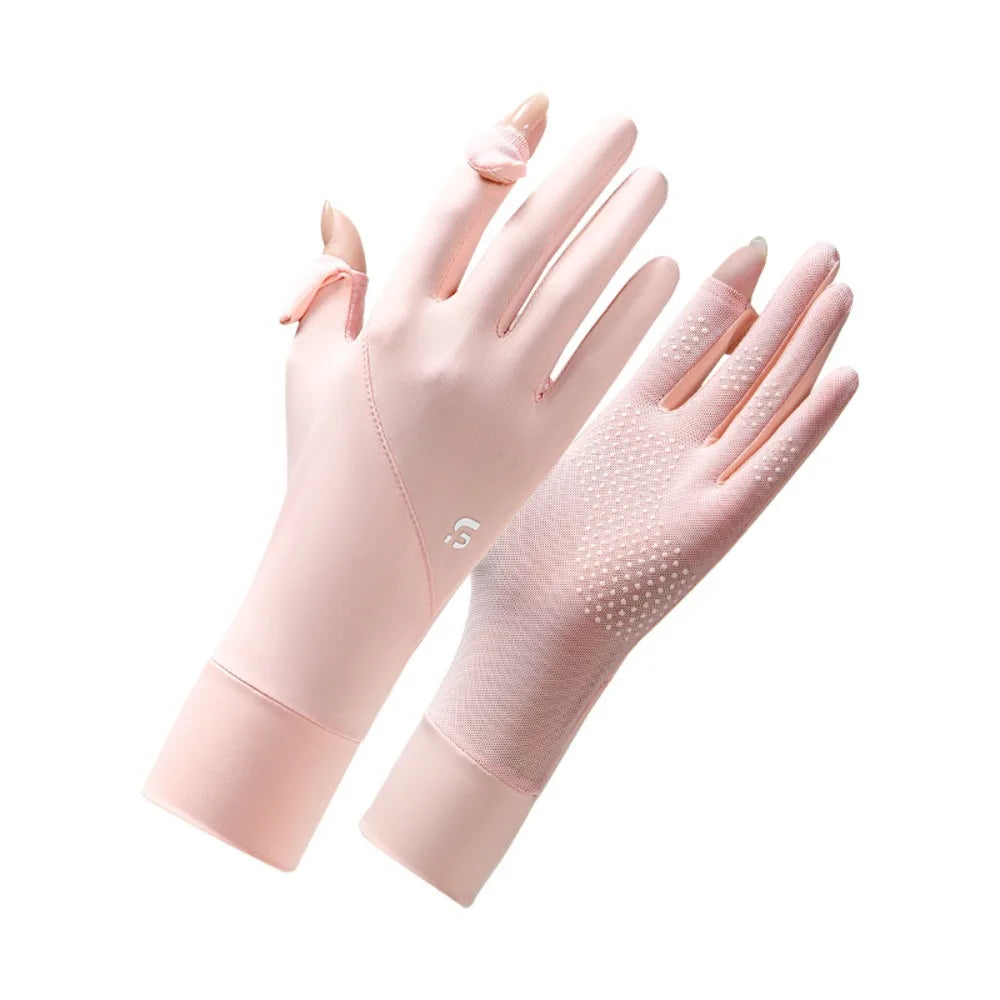 Ice Silk Women Sunscreen Gloves Thin Elastic Touch Screen Ice Silk Gloves Exposed Finger Breathable Cycling Driving Gloves Qme Pink