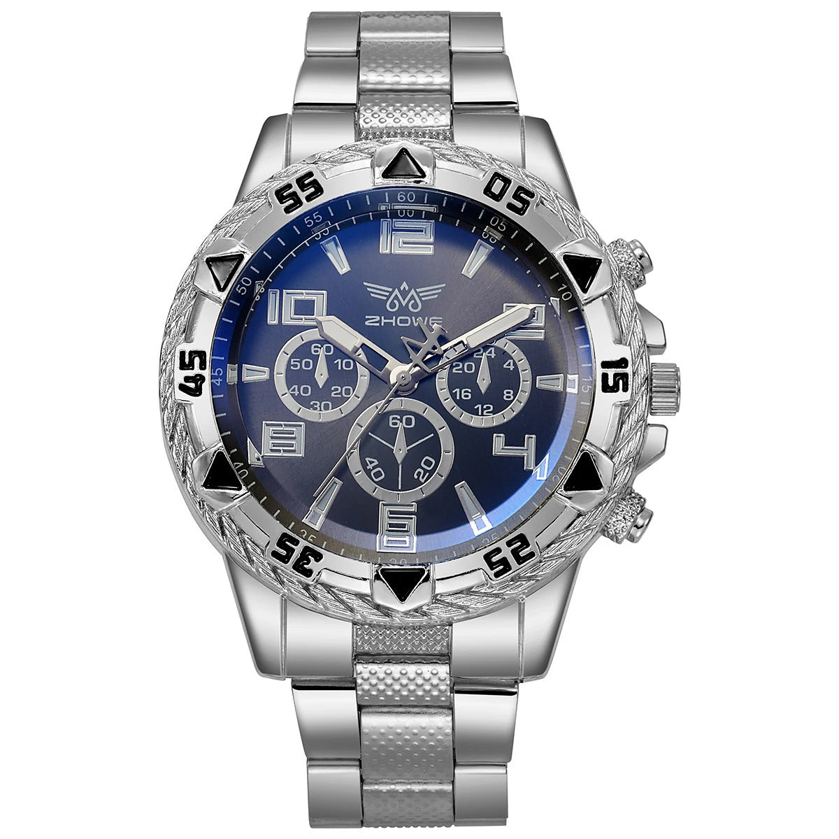 2pcs men's fake three eye casual steel band watch set Qme