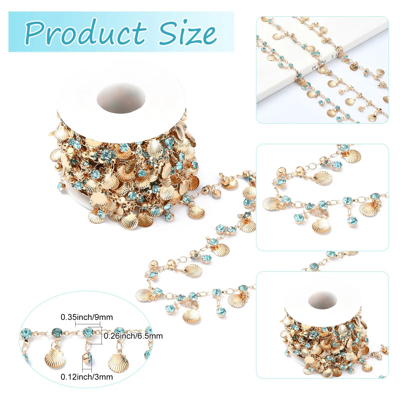 Pandahall 5m Golden Color Brass Jewelry Making Chain Dangle Sea Shell Rhinestone Charms with Spool for DIY Jewelry Supplies Qme
