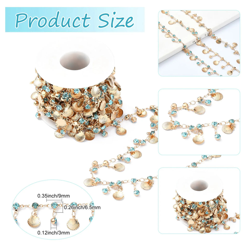 Pandahall 5m Golden Color Brass Jewelry Making Chain Dangle Sea Shell Rhinestone Charms with Spool for DIY Jewelry Supplies Qme