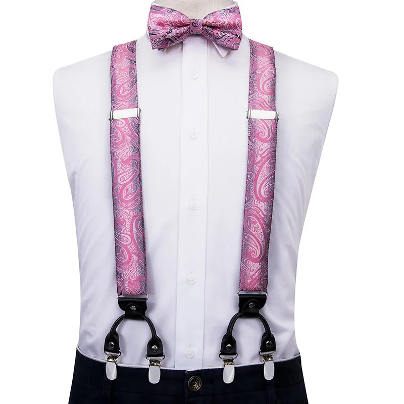 Silk Woven Mens Suspenders Bow Tie Hanky Cufflinks Strength 6 Clips Qme BD-3005
