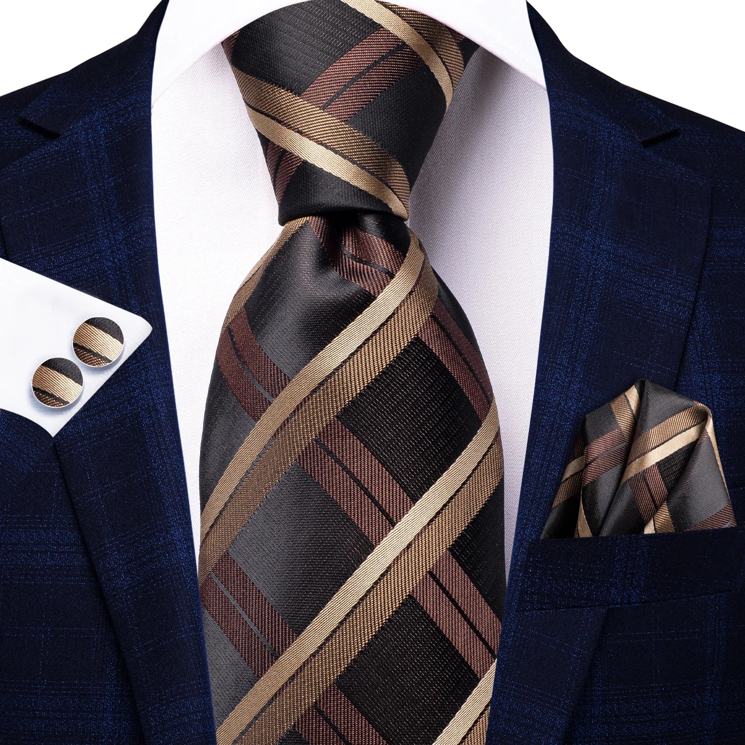 Hi-Tie Fashion 8.5cm Blue Plaid Dots Men's Elegant Tie Handkerchief Cufflinks Set Wedding Party Accessories Gift for Men Gravats Qme N-3488
