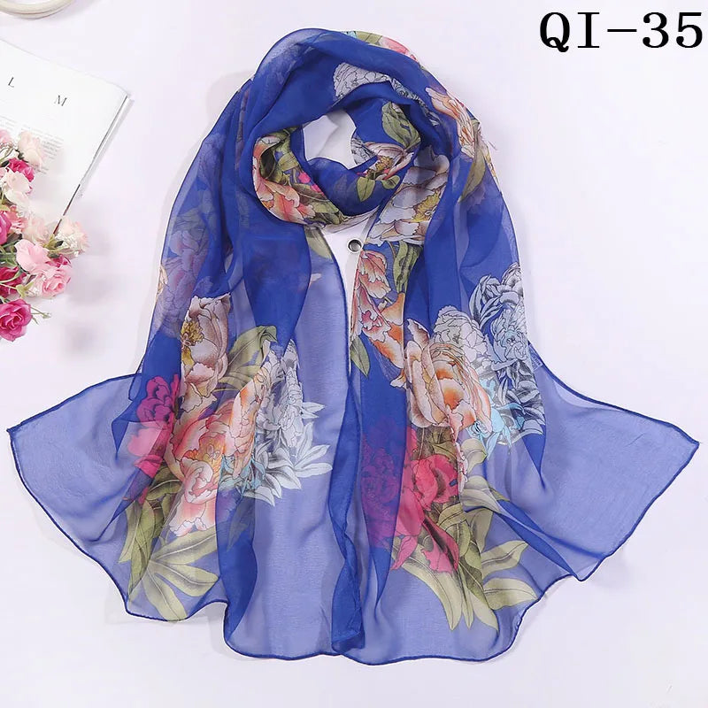 Painting Lotus Beach Sun Protection Chiffon Georgette Scarf Women Foulard Scarf Shawls Female Long Wraps Beach Sunscreen Hijab Qme QI-35