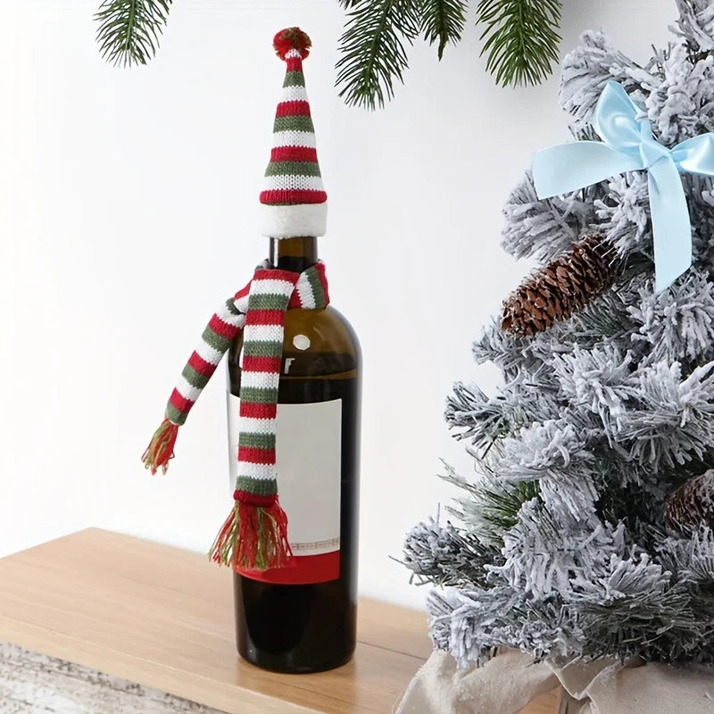 1 Home Christmas Red Wine Bottle Cover Knitted Yarn Scarf Hat Qme MULTI