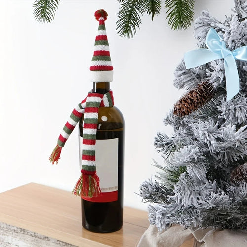 1 Home Christmas Red Wine Bottle Cover Knitted Yarn Scarf Hat Qme MULTI