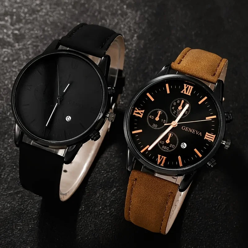 4pcs men's fashion watch set quartz sport, round zinc alloy case, imitation leather strap and stainless steel strap quartz watch Qme