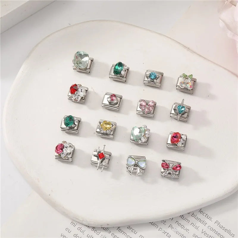 Green Blue Pink Zircon Stars Colored Cherry Italian Charm Links Fit 9mm Stainless Steel Bracelet Women Jewelry DIY Making Gifts Qme
