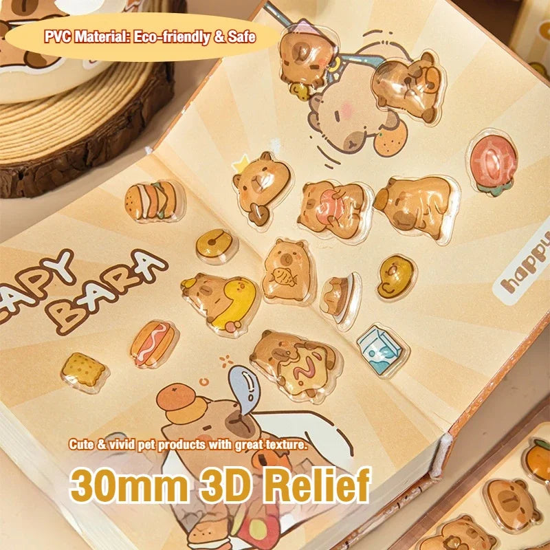 4 Sheets/Bag Capybara Panda Dinosaur CharacterTheme Outline 3D Sticker Set for DIY Scrapbook Phone Case Notebook Decora Craft Qme