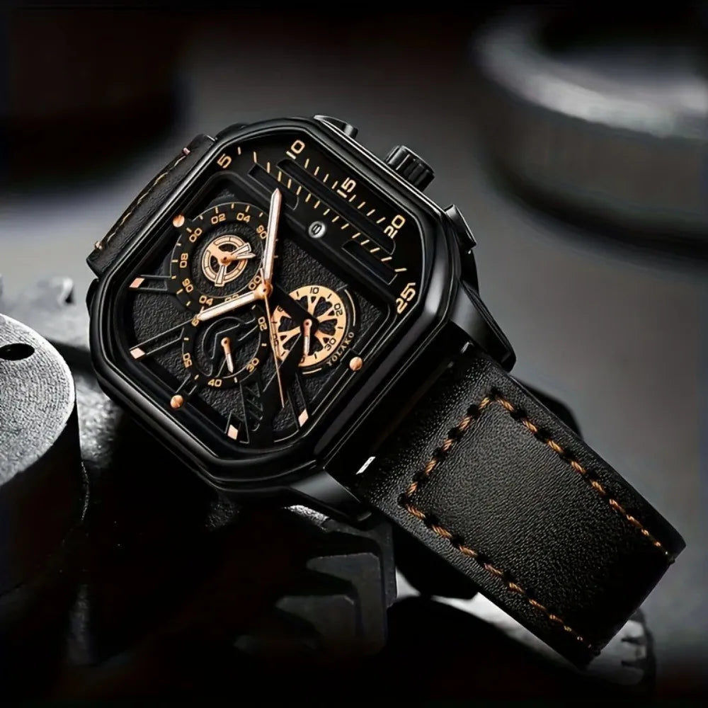 Luxury Square Case Men Chronograph Wristwatch, Multi-Subdial Hollow Dial Black Gold Accent Leather Strap Sport Business Quartz Qme