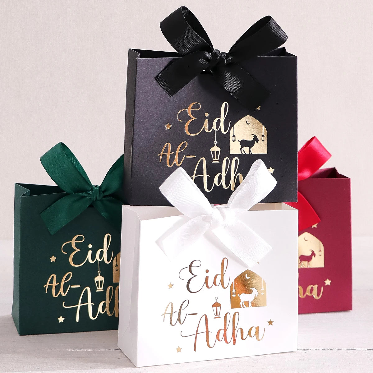 5 Eid Al-Adha Gift Boxes, Beautiful Sheep and Calligraphy Text Design, Pastel Colors, Ribbon Handles, Perfect for Eid Al-Adha Pa Qme