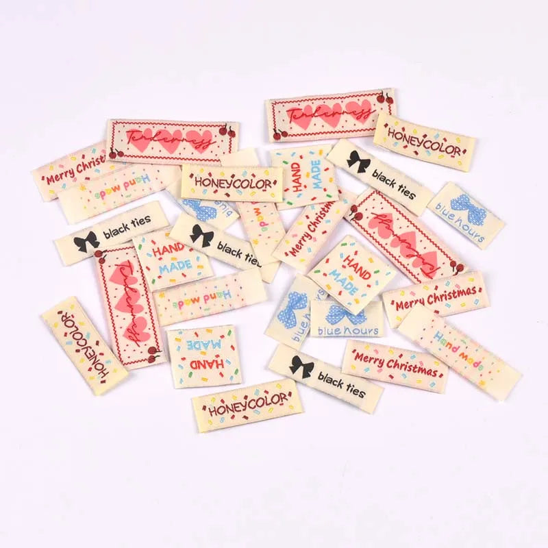 30pcs 12-53mm mixed styles Handmade Fabric Labels, Cute Print Cotton Sew On Tags for DIY Clothes Bags Crafts Decoration cp3859 Qme