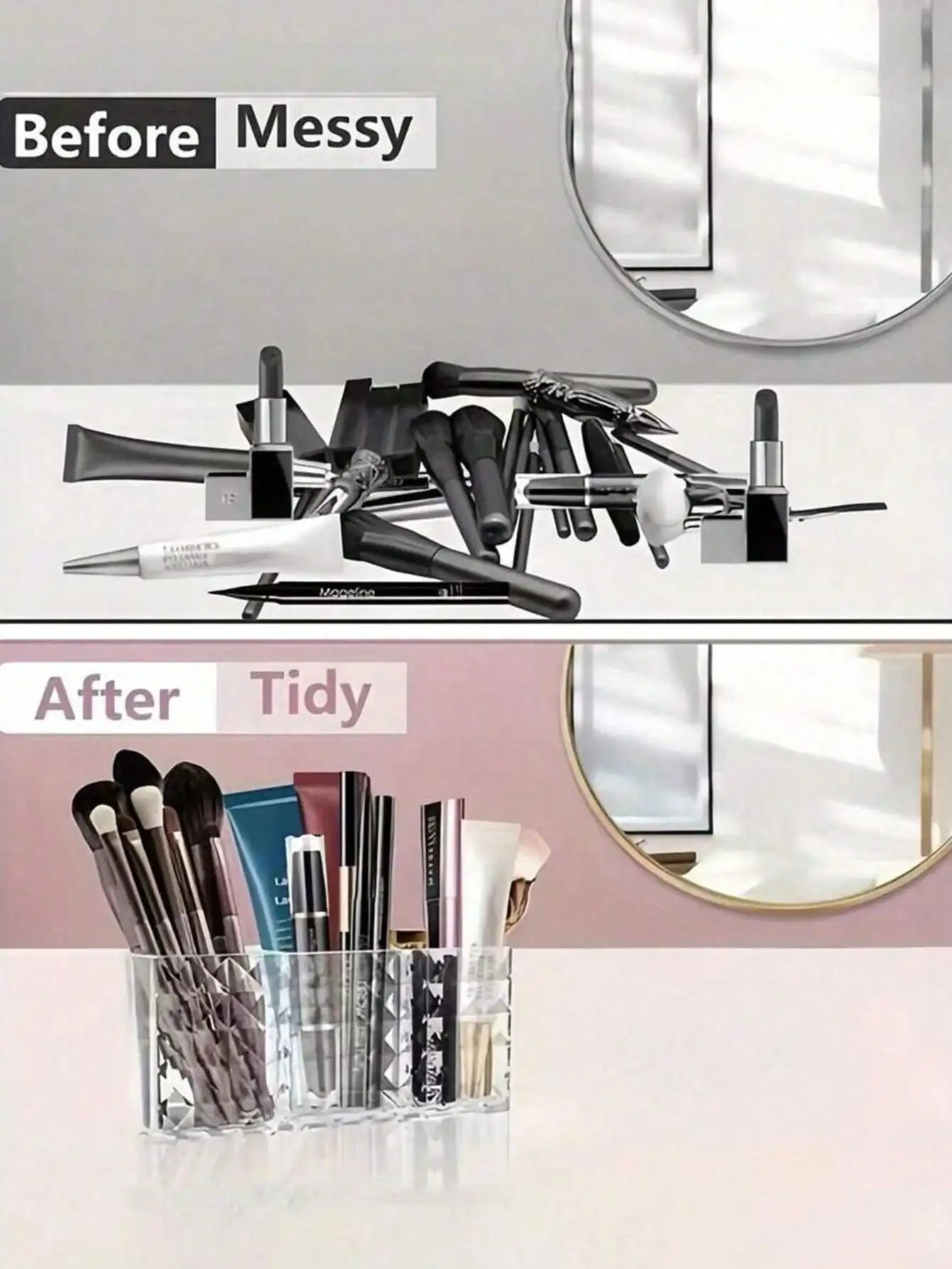 Clear Acrylic Makeup Brush Organizer 3 Compartments Cosmetic Storage Qme